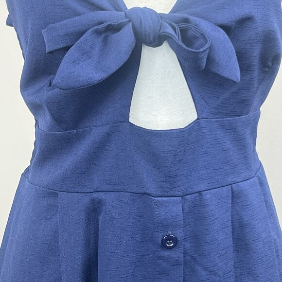 Yidarton Navy Blue Tie Front Summer Tank Midi Dress Size M Smocked Back - Picture 4 of 14
